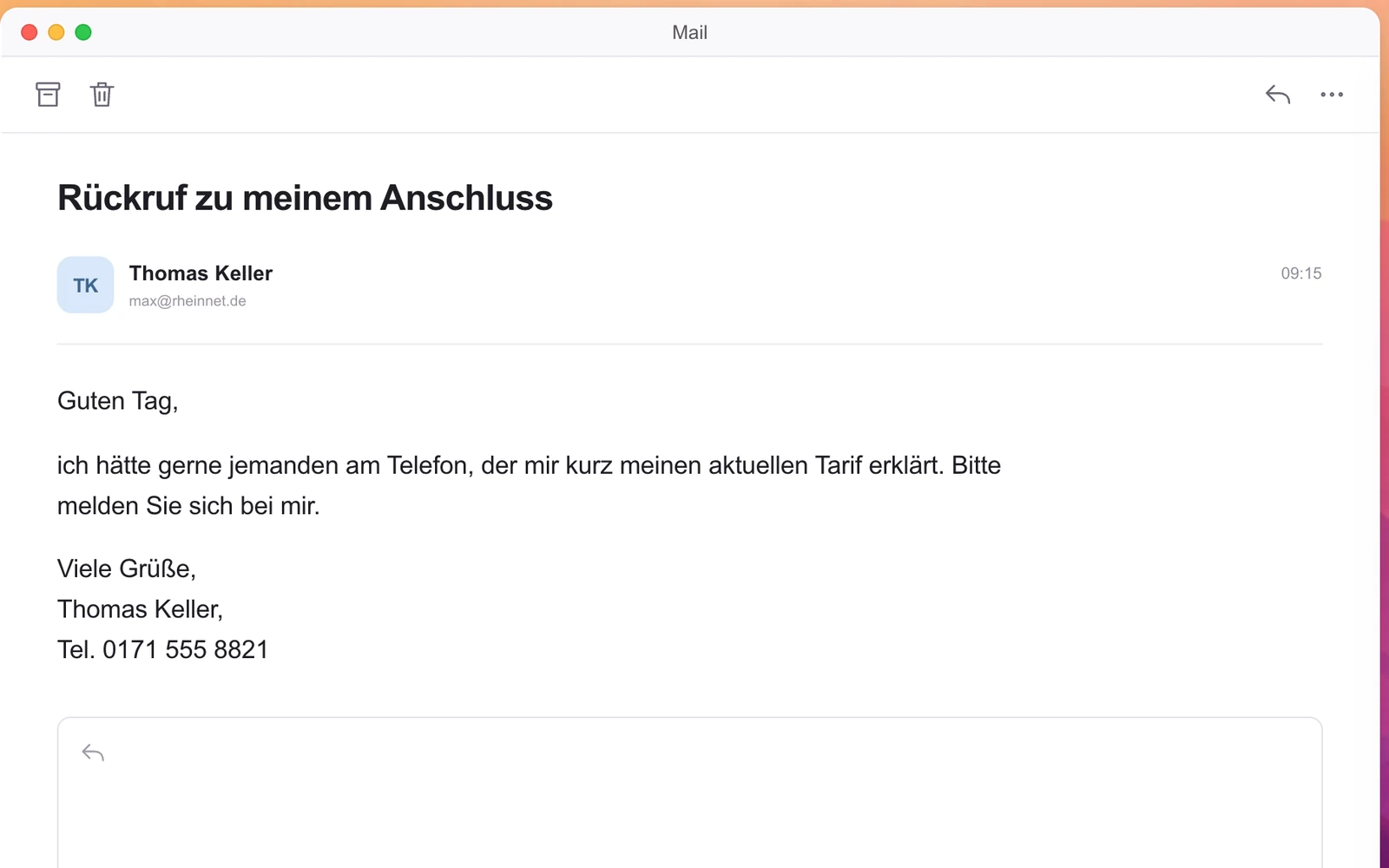 Kundenanfrage im Mail-Postfach der Simulation