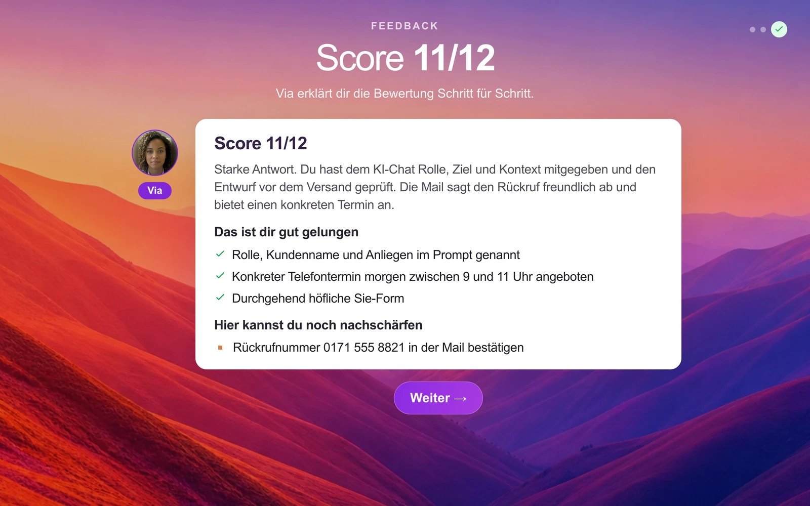 Feedback mit Score und Begründung nach einer Aufgabe